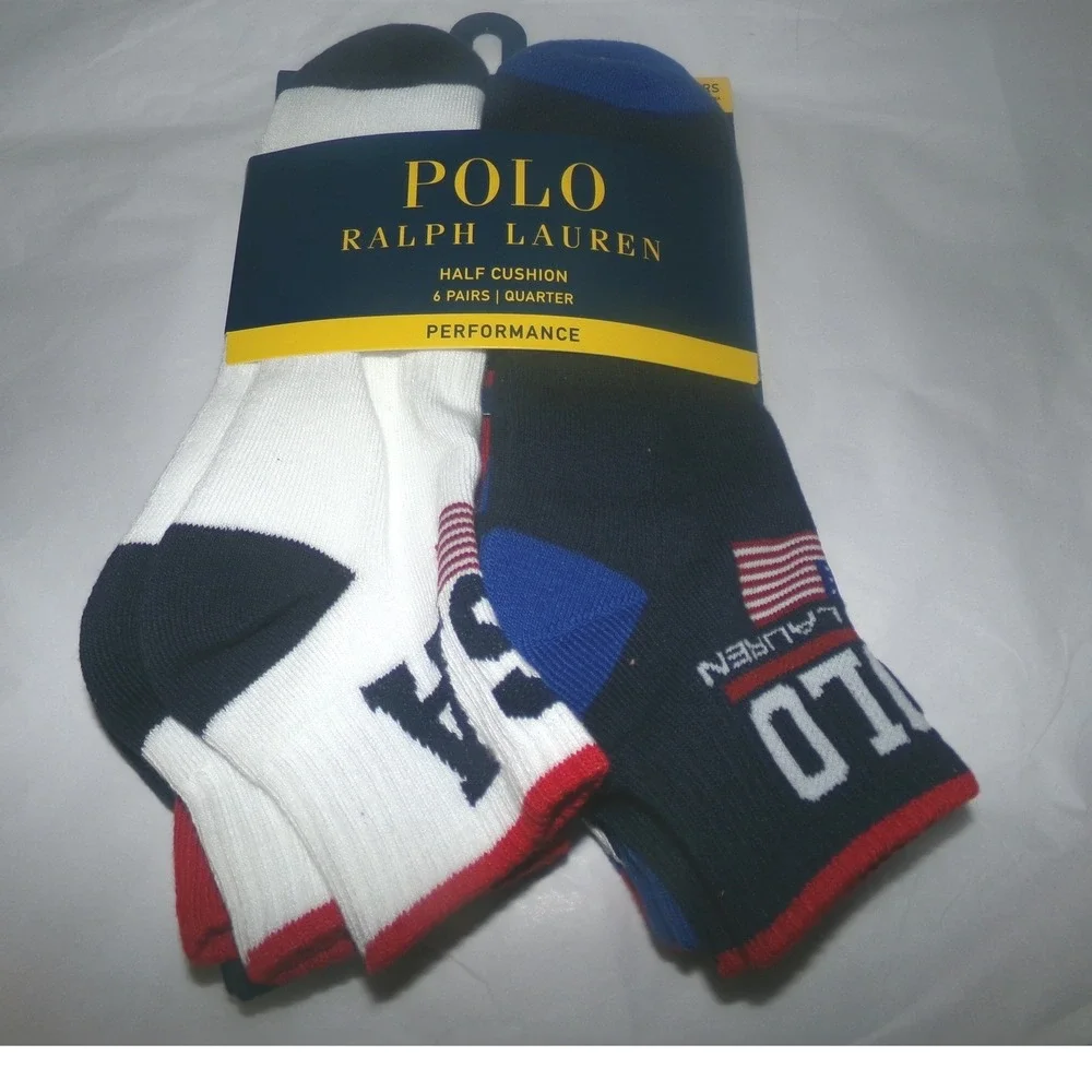 Polo Ralph Lauren Mens 6 Pack Performance Quarter Socks USA Flag Red White Blue